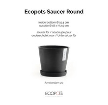 Ecopots okrúhla podmiska pre kvetináč Amsterdam 20, vonkajší priemer 18 centimetrov, výška 2,5 centimetrov.