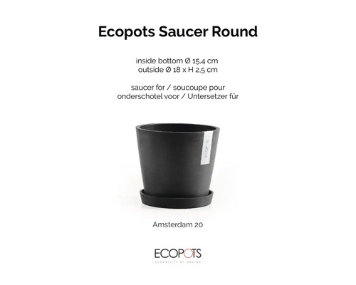 Ecopots okrúhla podmiska pre kvetináč Amsterdam 20, vonkajší priemer 18 centimetrov, výška 2,5 centimetrov.