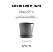 Ecopots sivá okrúhla podmiska pod kvetináč Amsterdam 20, plast, vonkajší priemer 18 centimetrov, výška 2,5 centimetra.