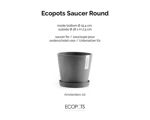 Ecopots sivá okrúhla podmiska pod kvetináč Amsterdam 20, plast, vonkajší priemer 18 centimetrov, výška 2,5 centimetra.
