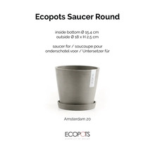 Okrúhla sivá podmiska Ecopots Saucer Round pre Amsterdam 20, vonkajší priemer 18 centimetrov, výška 2,5 centimetra. Ecopots Logo.