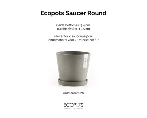 Okrúhla sivá podmiska Ecopots Saucer Round pre Amsterdam 20, vonkajší priemer 18 centimetrov, výška 2,5 centimetra. Ecopots Logo.