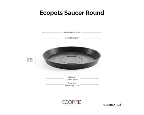 Podmiska Ecopots okrúhla s vonkajším priemerom 36,5 centimetra a výškou 3,5 centimetra.