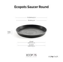 Okrúhla podmiska Ecopots pod kvetináče s rozmermi: výška 3,5 centimetra, vonkajší priemer 44,5 centimetra.
