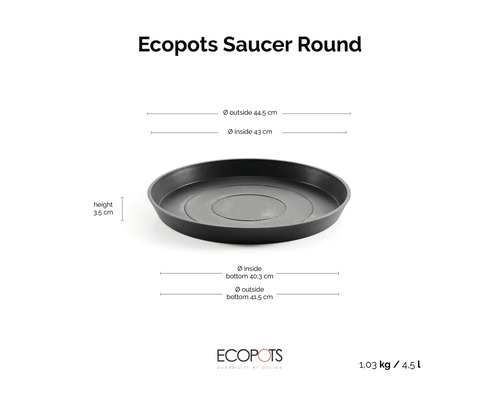Okrúhla podmiska Ecopots pod kvetináče s rozmermi: výška 3,5 centimetra, vonkajší priemer 44,5 centimetra.