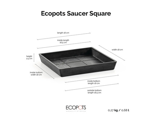 Štvorcová podmiska Ecopots s rozmermi: výška 2,5 centimetra, dĺžka 18 centimetrov, šírka 18 centimetrov, hmotnosť 0,27 kilogramu.
