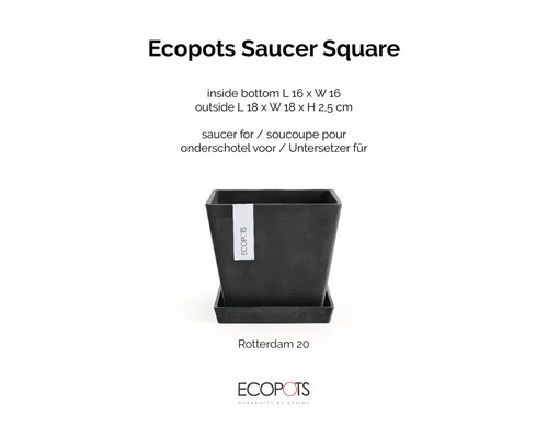 Štvorcová podmiska Ecopots pre kvetináč Rotterdam 20 a Ecopots Logo.