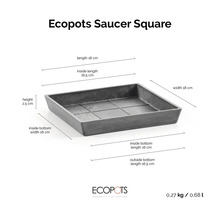 Štvorcová podmiska Ecopots Saucer Square s rozmermi 18 krát 18 krát 2,5 centimetra.