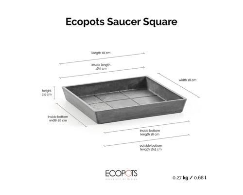 Štvorcová podmiska Ecopots Saucer Square s rozmermi 18 krát 18 krát 2,5 centimetra.