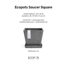 Štvorcová podmiska Ecopots pre Rotterdam 20, vnútorný 16 krát 16 centimetrov, vonkajší 18 krát 18 krát 2,5 centimetrov, plast. Ecopots Logo.