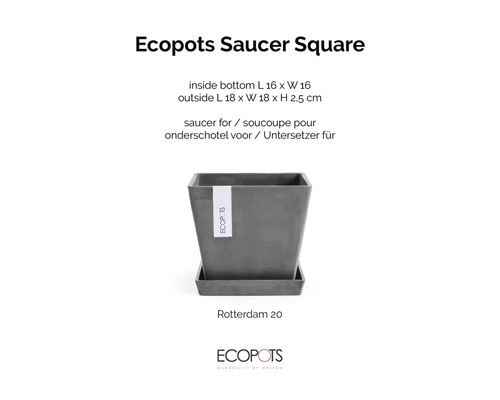 Štvorcová podmiska Ecopots pre Rotterdam 20, vnútorný 16 krát 16 centimetrov, vonkajší 18 krát 18 krát 2,5 centimetrov, plast. Ecopots Logo.