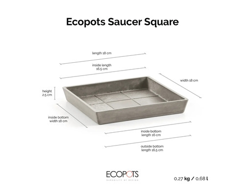 Štvorcová podmiska Ecopots Saucer Square s rozmermi: dĺžka 18 centimetrov, šírka 18 centimetrov, výška 2,5 centimetrov.