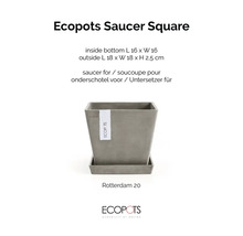 Ecopots Saucer Square štvorcová podmiska pod kvetináč Rotterdam 20 z recyklovaného plastu 18 krát 18 krát 2,5 centimetra Ecopots Logo.