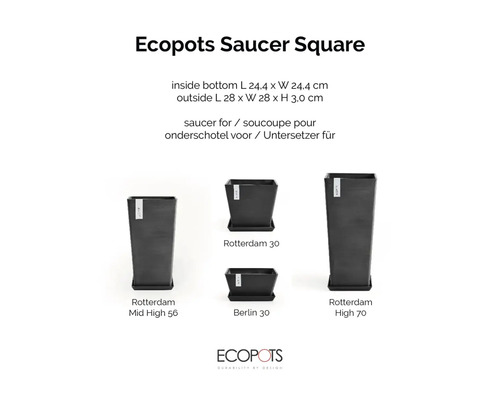 Ecopots Saucer Square, štvorcová podmiska pod kvetináče Rotterdam a Berlin, rozmery približne 28 krát 28 krát 3 centimetre. Ecopots Logo.