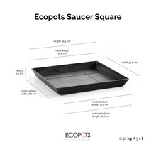 Štvorcová podmiska Ecopots Saucer Square, 35,5 krát 35,5 krát 3,5 centimetra, objem 3,2 litra, hmotnosť 0,92 kilogramu.