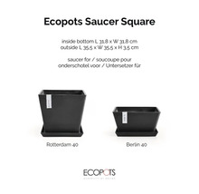 Čierna štvorcová podmiska Ecopots pre Rotterdam 40 a Berlin 40, vnútri 31,8 krát 31,8 centimetrov, vonku 35,5 krát 35,5 krát 3,5 centimetrov.