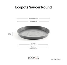 Ecopots Saucer Round podmiska: vonkajší priemer 44,5 centimetra, vnútorný 43 centimetrov, výška 3,5 centimetra, Ecopots Logo.