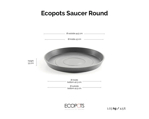Ecopots Saucer Round podmiska: vonkajší priemer 44,5 centimetra, vnútorný 43 centimetrov, výška 3,5 centimetra, Ecopots Logo.
