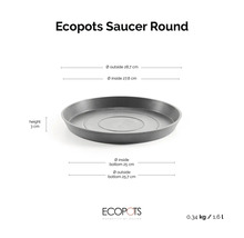 Ecopots Saucer Round podmiska okrúhla, výška 3 centimetre, vonkajší priemer 28,7 centimetra, vnútorný priemer 27,8 centimetra.
