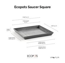Podmiska Ecopots Saucer Square: 43 na 43 centimetrov, výška 3,5 centimetra, hmotnosť 1,6 kilogramu, objem 3,7 litra. Ecopots Logo.