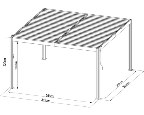 Obrázok pergoly s rozmermi 220 cm výška, 395 cm šírka a 369 cm dĺžka.