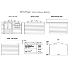 Pôdorys záhradného domčeka s rozmermi a rôznymi pohľadmi