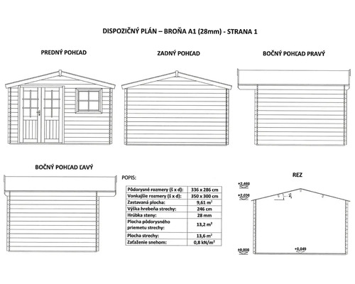 Pôdorys záhradného domčeka s rozmermi a rôznymi pohľadmi