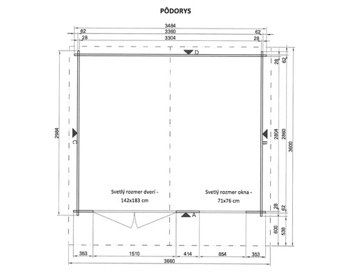 Pôdorysný nákres s rozmermi budovy