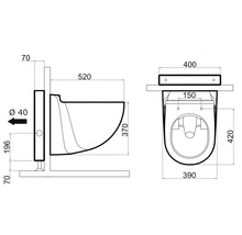 Technický nákres toalety s rozmermi.