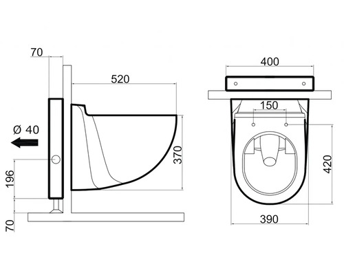 Technický nákres toalety s rozmermi.