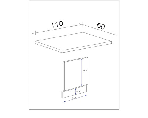 Technický nákres nábytkového prvku s rozmermi