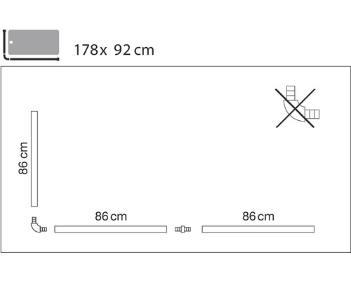 Inštalačná schéma sprchovej vaničky s rozmermi 178 x 92 centimetrov