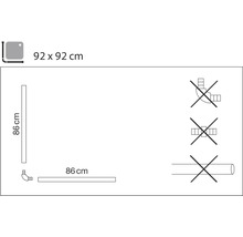 Technický nákres sprchovacieho kúta s rozmermi 92 x 92 cm a výškou 86 cm, montážne pokyny.