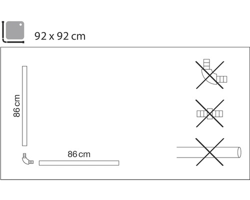 Technický nákres sprchovacieho kúta s rozmermi 92 x 92 cm a výškou 86 cm, montážne pokyny.