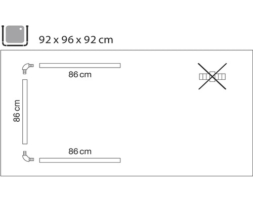 Inštalačná schéma pre sprchovú vaničku s rozmermi 92 x 96 x 92 centimetrov