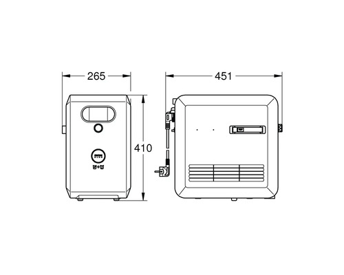 Technický nákres prietokového ohrievača plynu s rozmermi
