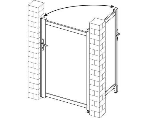 Obrázok záhradnej brány s tehlovými stĺpikmi a otočným pohybom
