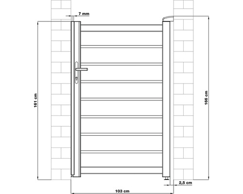 Technický nákres záhradnej bránky s údajmi o šírke a výške.