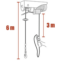 Technický nákres elektrického lanového kladkostroja so zdvihom šesť metrov a dĺžkou lana tri metre.