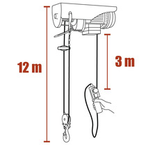 Nákres elektrického kladkostroja s dĺžkou lana 12 metrov a dĺžkou ovládacieho kábla 3 metre.