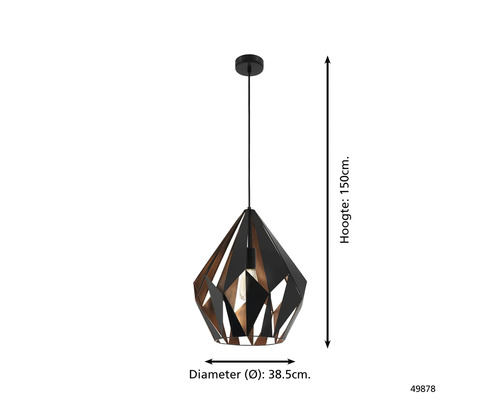 Geometrické závesné svietidlo s výškou 150 cm a priemerom 38,5 cm.