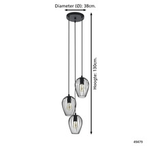 Závesné svietidlo s tromi lampami v klietkovom dizajne, priemer 38 cm, výška 130 cm