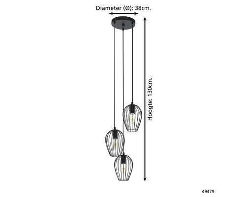 Závesné svietidlo s tromi lampami v klietkovom dizajne, priemer 38 cm, výška 130 cm