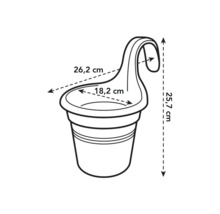 Obrázok závesného kvetináča s rozmermi: šírka 26,2 cm, výška 25,7 cm, vnútorný priemer 18,2 cm