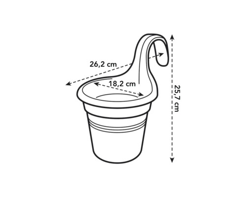 Obrázok závesného kvetináča s rozmermi: šírka 26,2 cm, výška 25,7 cm, vnútorný priemer 18,2 cm