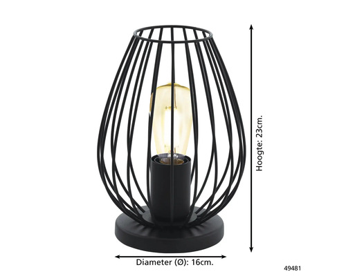 Čierna stolná lampa s drôteným rámom s rozmermi: výška 23 cm, priemer 16 cm.