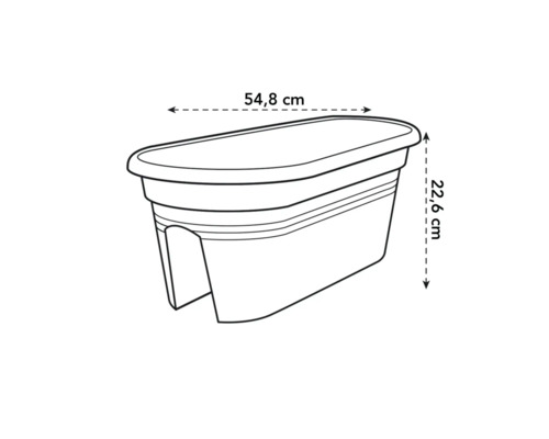 Obrázok kvetináča s rozmermi 54,8 cm šírky a 22,6 cm výšky.