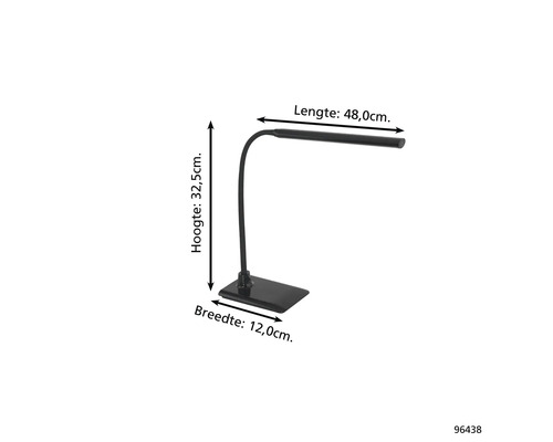 Stolná lampa s flexibilným ramenom a rozmermi výška 32,5 cm, dĺžka 48,0 cm a šírka 12,0 cm.