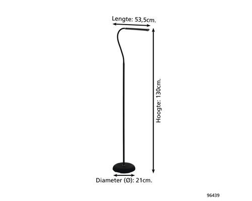 Obrázok stojacej lampy s rozmermi dĺžka 53,5 cm, výška 130 cm a priemer 21 cm.