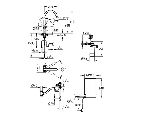 Technický nákres vodovodnej batérie s rozmermi